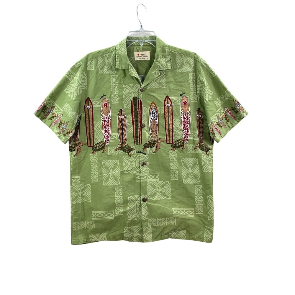 Royal Hawaiian Creations Shirt Mens Medium Green Surfboard Turtle Aloha Cotton M